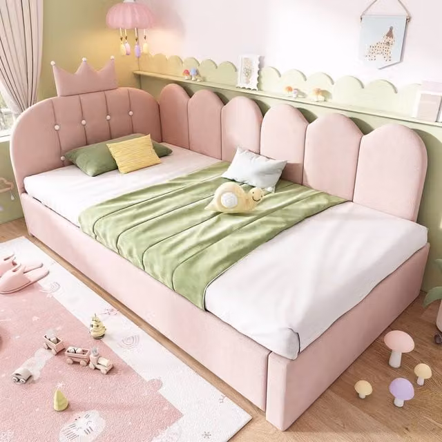 Merax Crown Upholstered Velvet Daybed with Pull Out Trundle Bed in Pink, W/D/H: 90 x 190 x 130 cm – 1