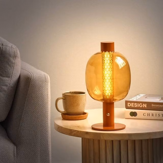 Wyld and Coco Nexa Cordless Dimmable LED Table Lamp in Brown Aluminium with Transparent Glass Oval Shade – 1