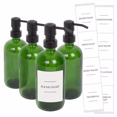 Harbour Housewares Pack of 4 Green Glass Refillable Soap Dispensers with Black Pumps and White Labels, 500ml