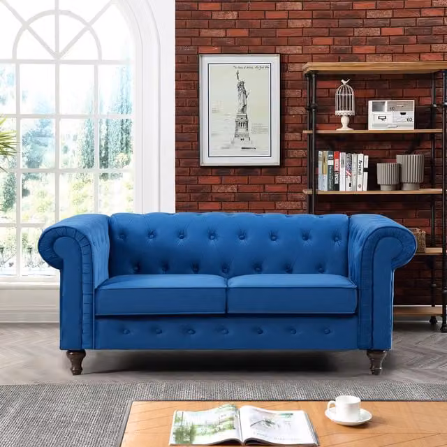 Artemis Home Pelham 2 Seat Chesterfield Sofa in Blue Velvet Fabric, Width: 158 cm