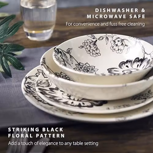 Wade Albert White Botanical Night Dinner Plate in Black and White, Diameter: 28 cm – 9