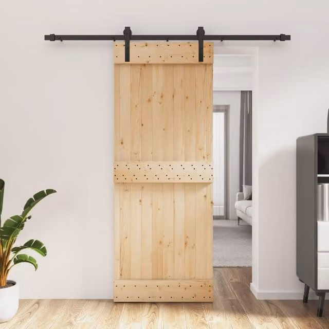 Berkfield Home Rustic Solid Wood Pine Sliding Door with Hardware Set, Brown, W: 80 cm, H: 210 cm – 1