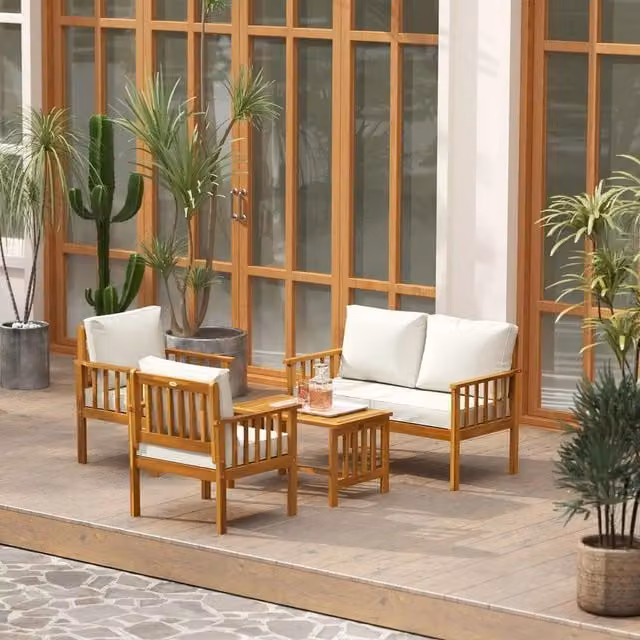 Chilli Seating Modern Acacia Wood Garden Sofa Set in Beige and White
