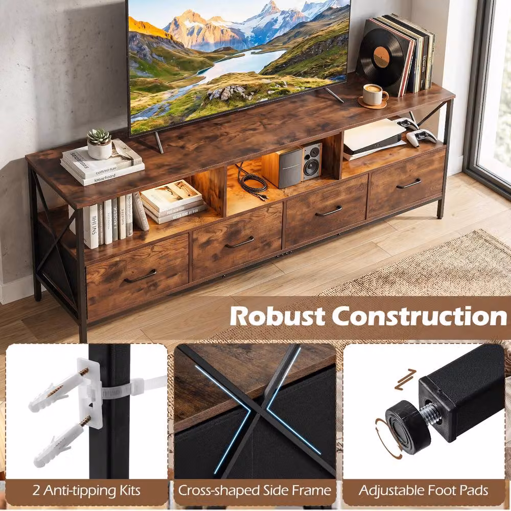 Gymax LED Entertainment Center for up to 80 inch TVs with 4 Drawers, Brown – 7