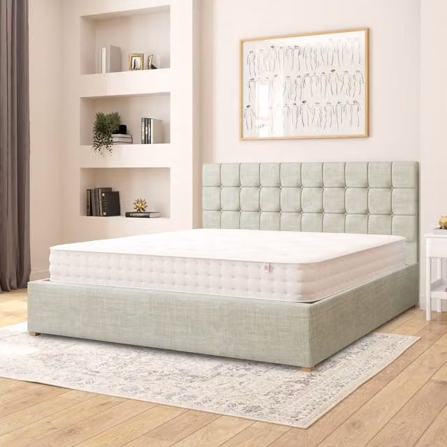 Aspire Sinatra Upholstered Fabric Ottoman Storage Bed in Green, W/D/H: 200 x 200 cm