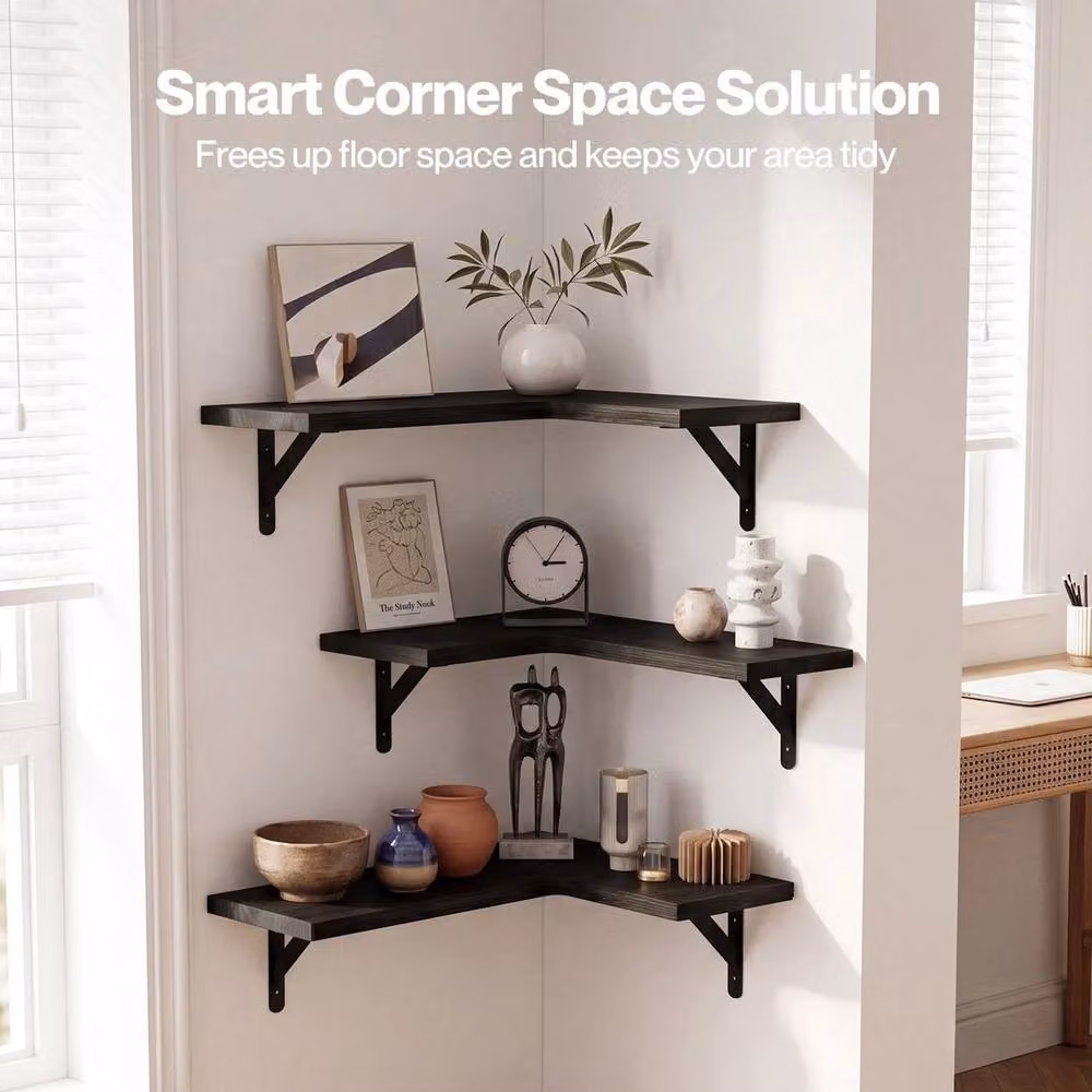 Kelvenix 3-Piece Black Industrial Wall Mounted Floating Corner Shelves – 3