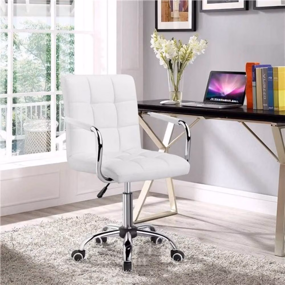Kelvenix White Synthetic Leather Home Office Swivel Task Chair with Armrests and Castors – 3