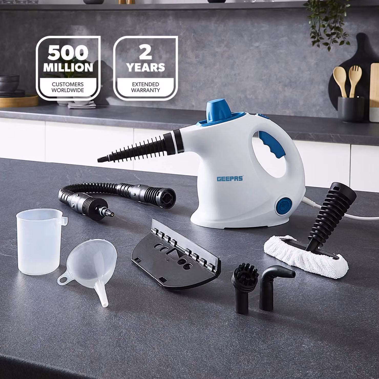 Geepas Handheld Steam Cleaner 1050W with 110°C High-Temperature Steam, 10 Minute Runtime and 9 Accessories in Blue and White – 2