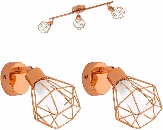 Loops Copper Geometric Wire Cage Ceiling Spot Light and 2x Matching Wall Lights