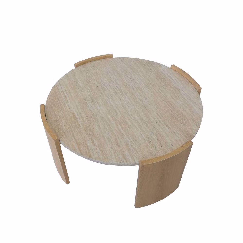 CALICOSY Round Coffee Table with Travertine-Effect Top and Wood-Effect Legs in Light Brown and Beige, Diameter: 80 cm, Height: 35 cm – 2