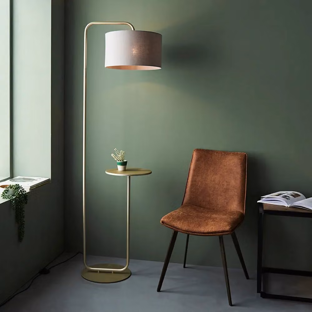 Loops Gold/Brass Floor Lamp with Grey Fabric Shade, Height: 175 cm, Shade Diameter: 38 cm – 2