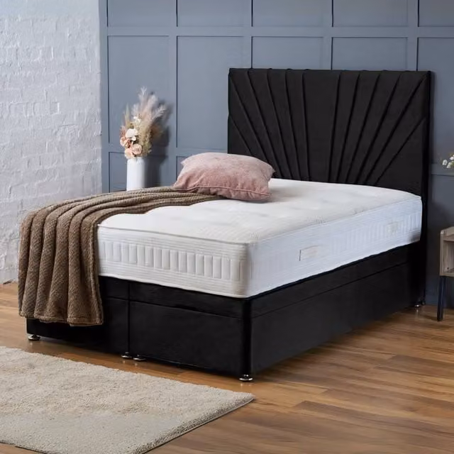 BSSPOKE Maria Ottoman Divan Bed with Headboard and Mattress, Black Plush Velvet, Super King, W/D/H: 200 x 160 x 137.16 cm – 1