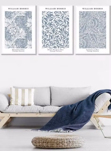 ARTZE Blue and White William Morris Vintage Floral Framed Wall Art, W: 53 cm, H: 73 cm, D: 0.2 cm
