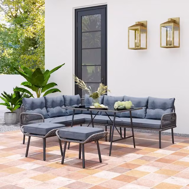 Outsunny 6 Piece Modern Rattan and Metal Sectional Garden Furniture Set in Grey