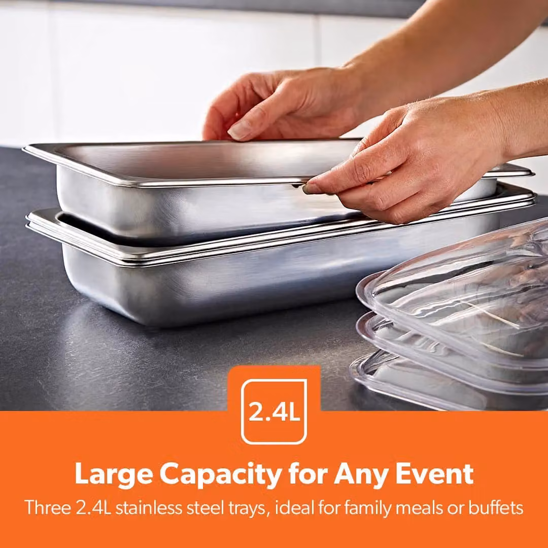 Geepas Electric Stainless Steel Buffet Food Warmers with Lids, Metallic Silver, 3 x 2.4 l – 4