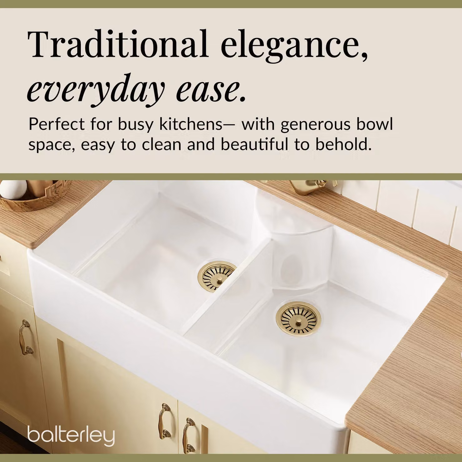 Balterley White Ceramic Fireclay 2 Bowl Butler Sink with 2 Wastes and Mono Crosshead Tap, Width: 89.5 cm – 2