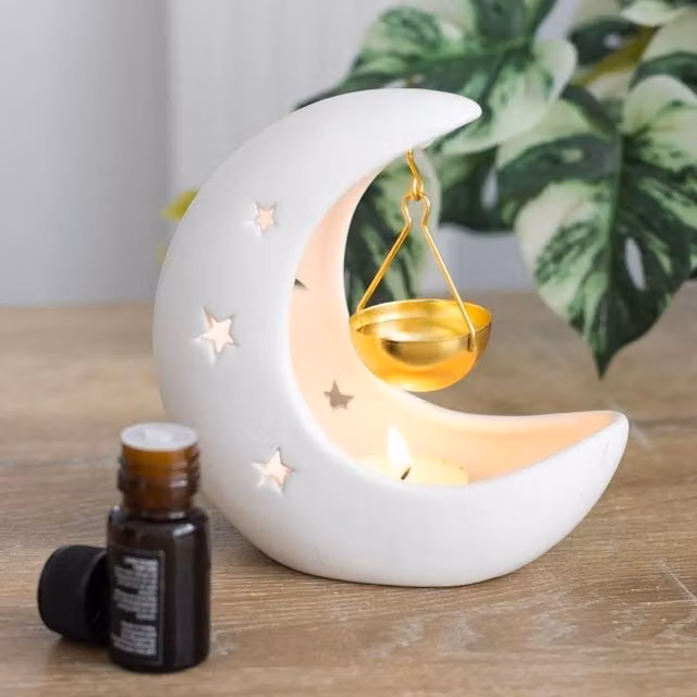 Uniqueful White and Gold Ceramic Crescent Moon Tabletop Oil Burner with Tealight Holder