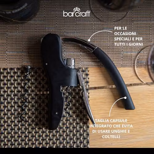 BarCraft Deluxe Lever Corkscrew and Wine Bottle Opener with Built-in Foil Cutter in Black and Silver Metal – 5