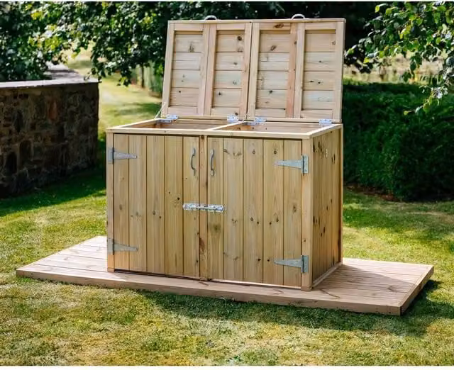 The Garden Village Dutton Double Timber Dustbin Store in Brown, W122.5 x D64 x H88 cm