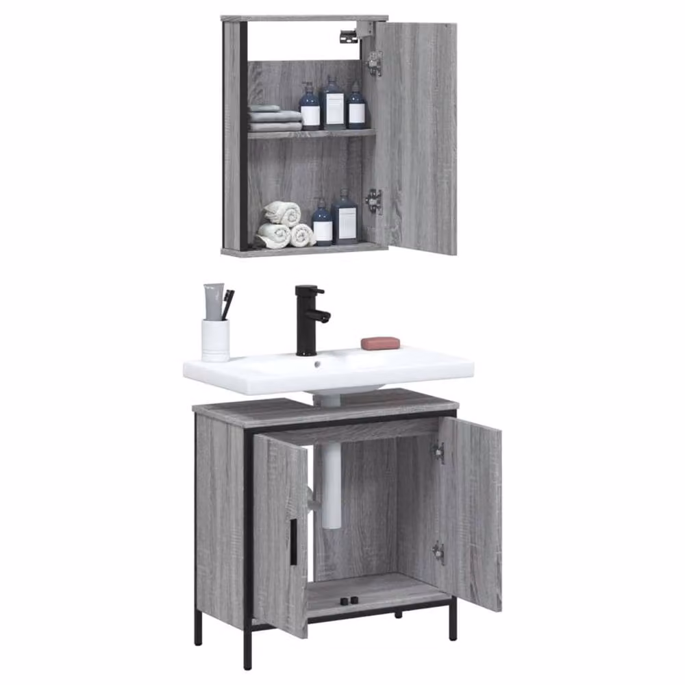 Berkfield Home Modern 2 Piece Grey Bathroom Furniture Set with Mirror Cabinet and Vanity Unit – 2