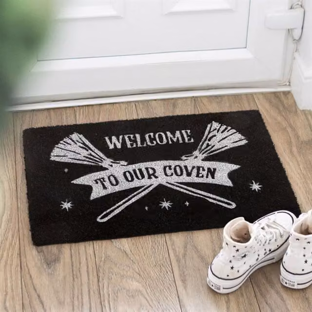 KDMK Black Coven Doormat with Silver Broomsticks Graphic Design in Black and Silver