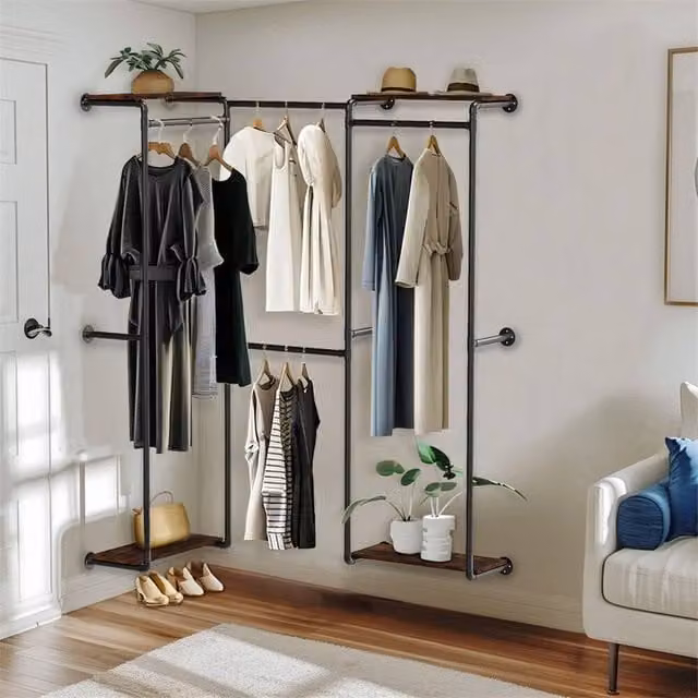 Havendro Industrial Pipe Corner Wall Mount Clothes Rack in Black and Brown – 1
