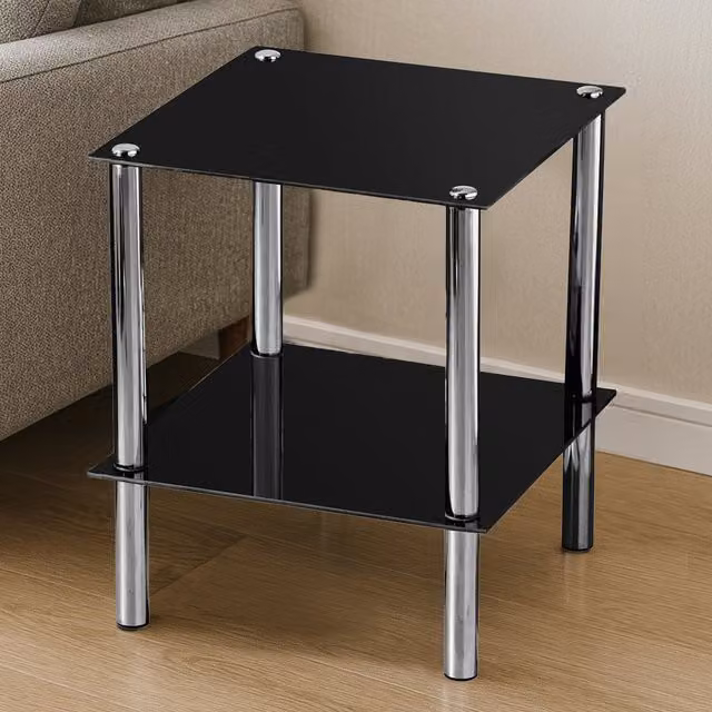 Orsina 2 Tier Black Glass Side Table with Silver Accents, W/D/H: 39 x 39 x 47 cm