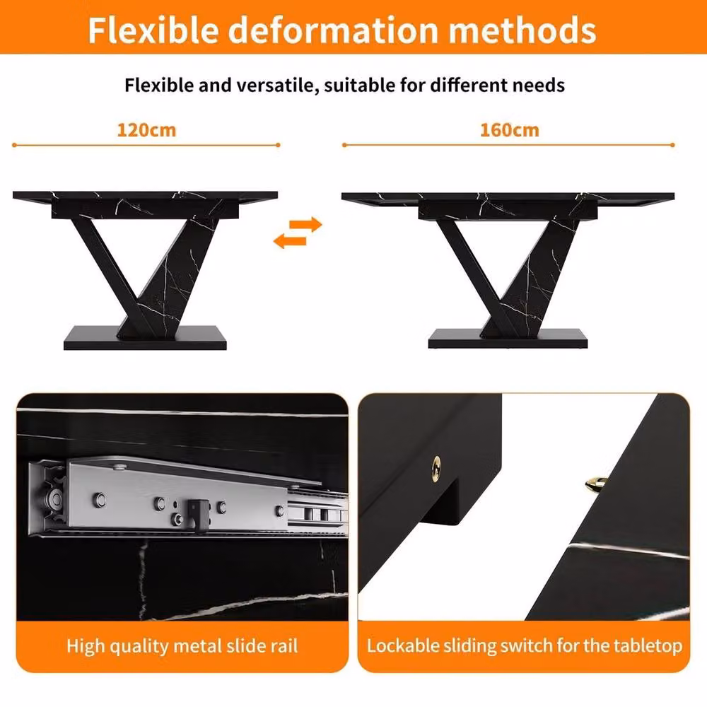 FORGEVIO Modern Extendable Rectangular Dining Table in Black Glossy MDF and Metal – 4