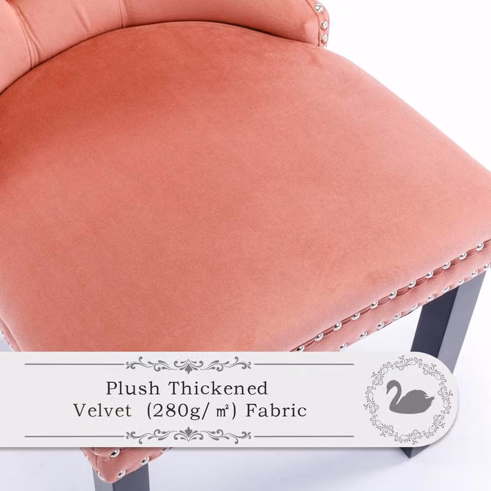 HomeTouch Romsey Set of 6 Pink Velvet Upholstered Dining Chairs with Oak Legs and Knocker Ring Back – 6