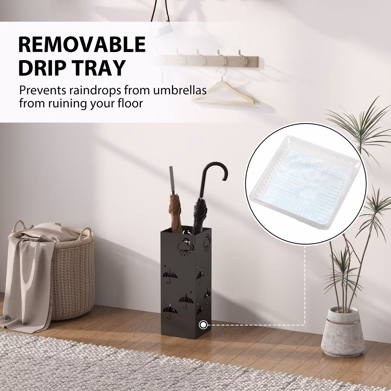 HOMCOM Black Metal Umbrella Stand with Removable Drip Tray and 4 Hooks, W/D/H: 15.5 x 15.5 x 41 cm – 4