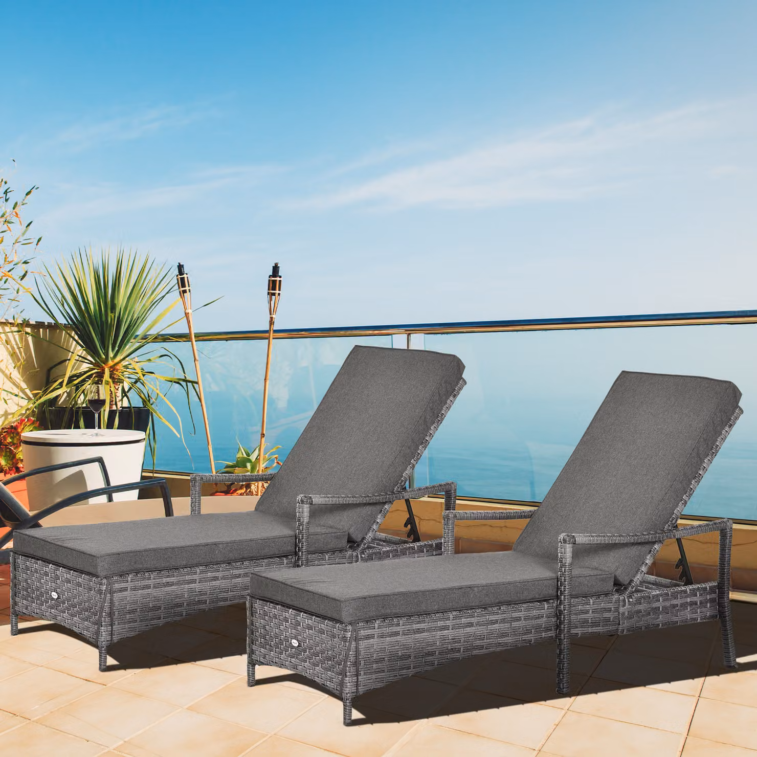 Outsunny Set of 2 Grey PE Rattan Sun Loungers with Cushions, Outdoor Garden Sunbed Furniture with 4-Level Adjustable Backrest and Armrests – 6