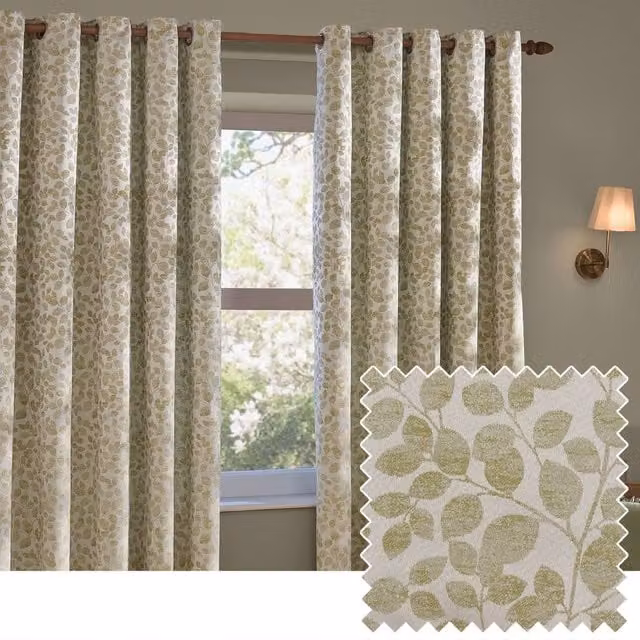 Wylder Grace Leaf Jacquard Eyelet Curtain Pair in Green, W: 117 cm, H: 137 cm – 1