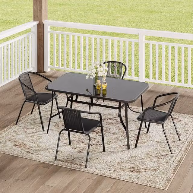 Komore Classic Black Rectangular Tempered Glass Garden Table with Four Rattan Chairs
