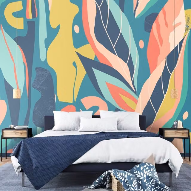 Origin Murals Abstract Leaf Shapes Modern Wall Mural in Blue and Multicolour