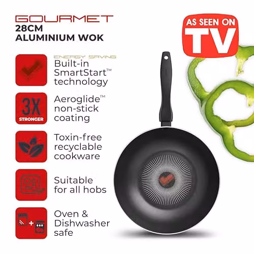 Tower SmartStart Gourmet 28cm Aluminium Non-Stick Wok, Black, Induction Compatible and Oven Safe – 2