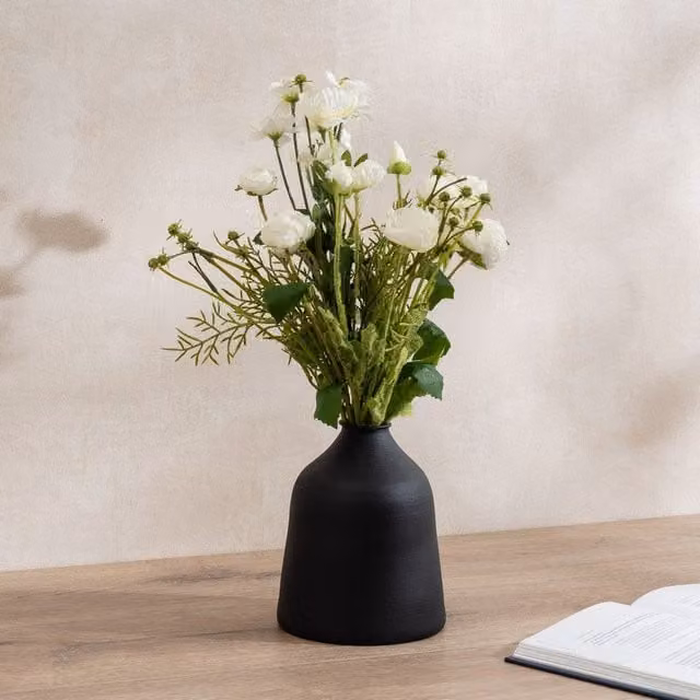 Scottish Everlastings Ltd White Poppy, Rose and Cosmo Mixed Floral Bouquet with Black Vase, H 45 cm, W 15 cm, D 15 cm – 1