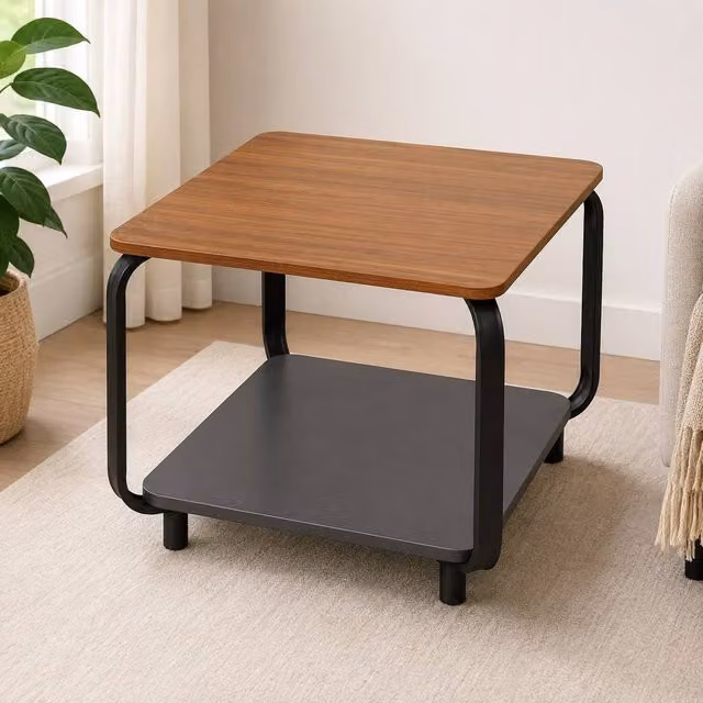 SPOT ON DEALZ 2 Tier Walnut Wood Side Table with Black Metal Frame, W/D/H: 45.5 x 45.5 x 60 cm