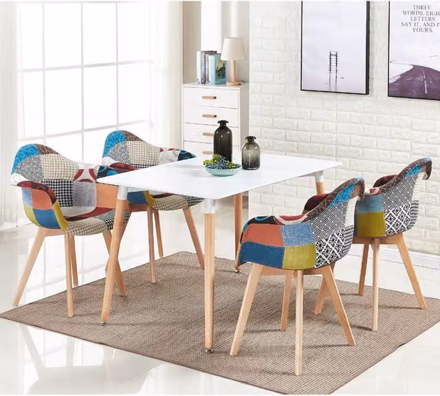 Life Interiors Patchwork Halo Dining Set with White Rectangular Wood Table and 4 Multicolour Fabric Chairs – 1