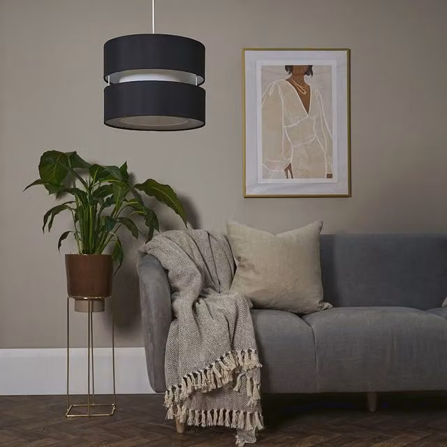 ValueLights Sophia Small 2 Tier Black Fabric Cylinder Ceiling Light Shade and Bulb