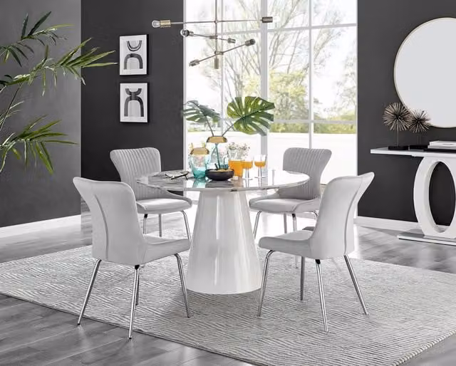 Furniturebox Palma White Marble Effect Round Dining Table and 4 Nora Silver Leg Chairs in Light Grey