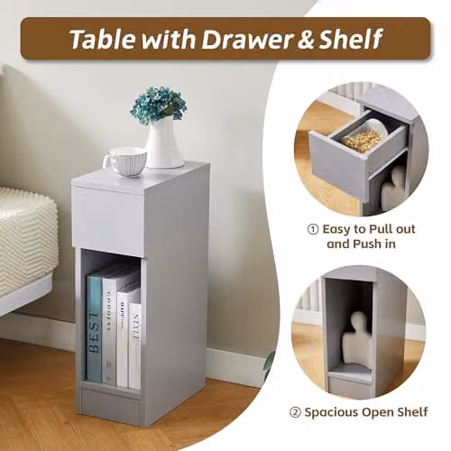MCC Direct Ava Slim Solid Wooden Bedside Table with Open Shelf and Drawer, Grey – 3