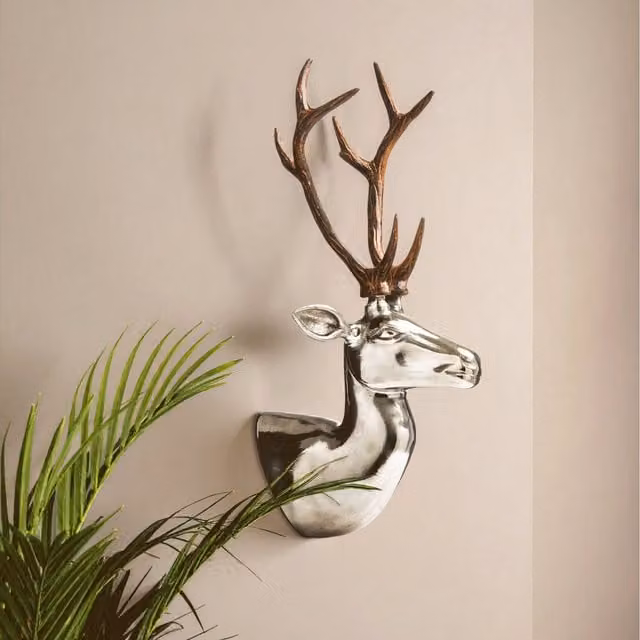 Fifty Five South Silver Stag Head Wall Mountable Metal and Wood Sculpture