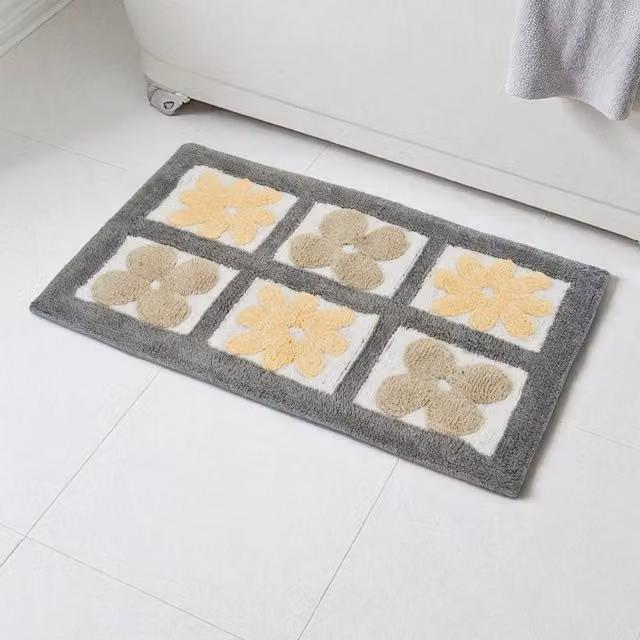 Showerdrape Fiore 100% Cotton Blue Floral Anti-Slip Bath Mat in Grey, W: 80 cm, D: 50 cm – 1