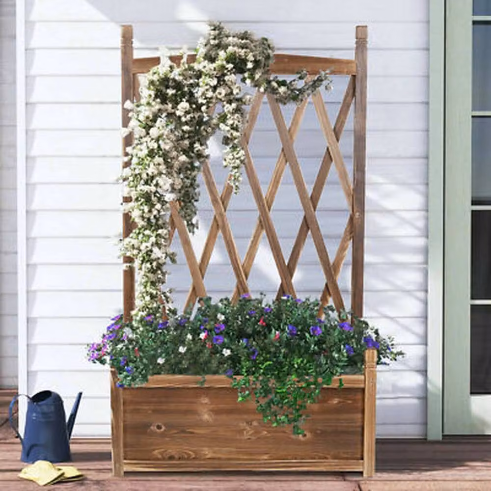 NESTLUNE Brown Wooden Garden Planter Box with Trellis Lattice for Vegetables and Flowers – 4