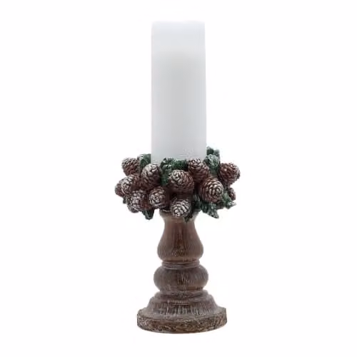 Widdop and Co Christmas Candlestick with Cones Design in Brown and Green Wood