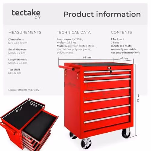 tectake Lockable and Rollable Steel Tool Chest with 7 Drawers, Red – 2