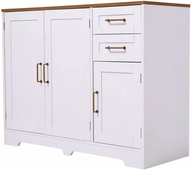 KORVIXA White Buffet Sideboard Cabinet with 3 Doors and 2 Drawers, W/D/H: 100 x 100 x 100 cm