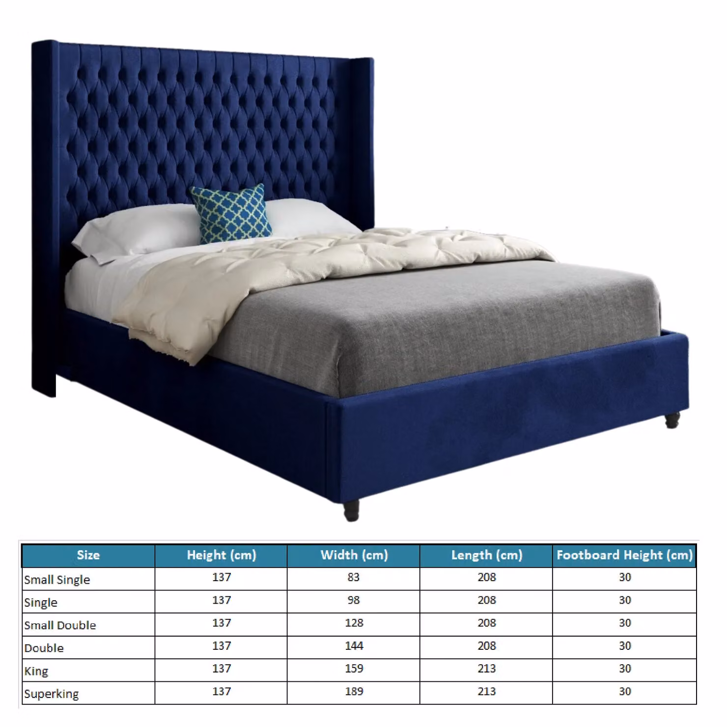 Casani Volta Straight Winged Upholstered Velvet Bed Frame in Blue, W/D/H: 137 x 128 x 200 cm – 4