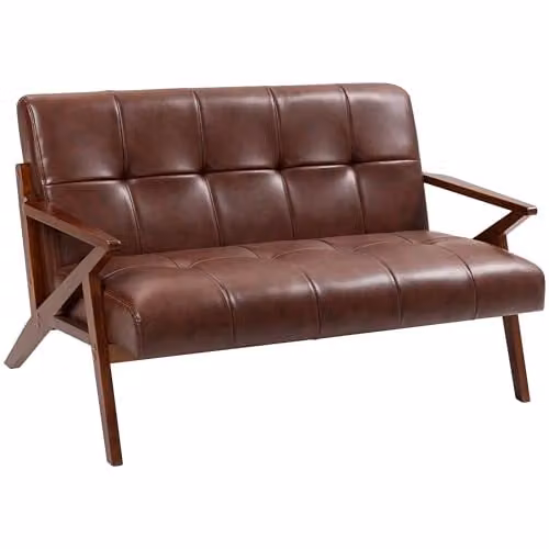 HOMCOM Vintage 2 Seater Compact Sofa in Brown Synthetic Leather with Solid Wood Frame, W/D/H: 133 x 81 x 78.5 cm – 1