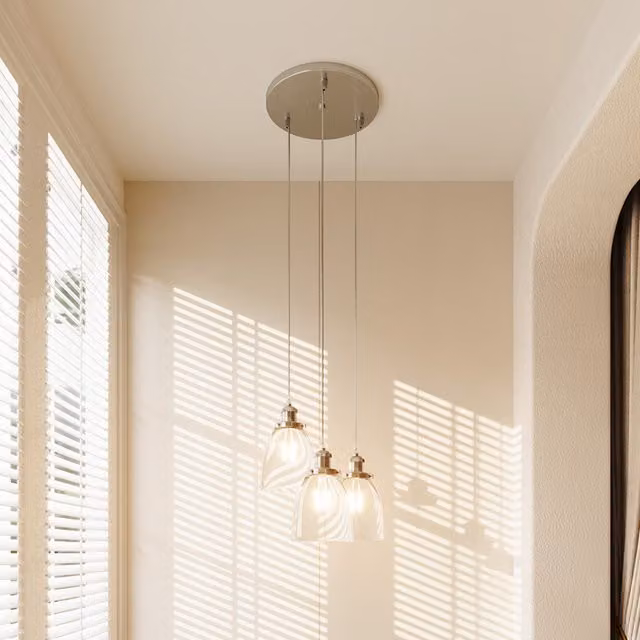 Livingandhome Industrial 3 Way Silver Pendant Light with Transparent Glass Domes